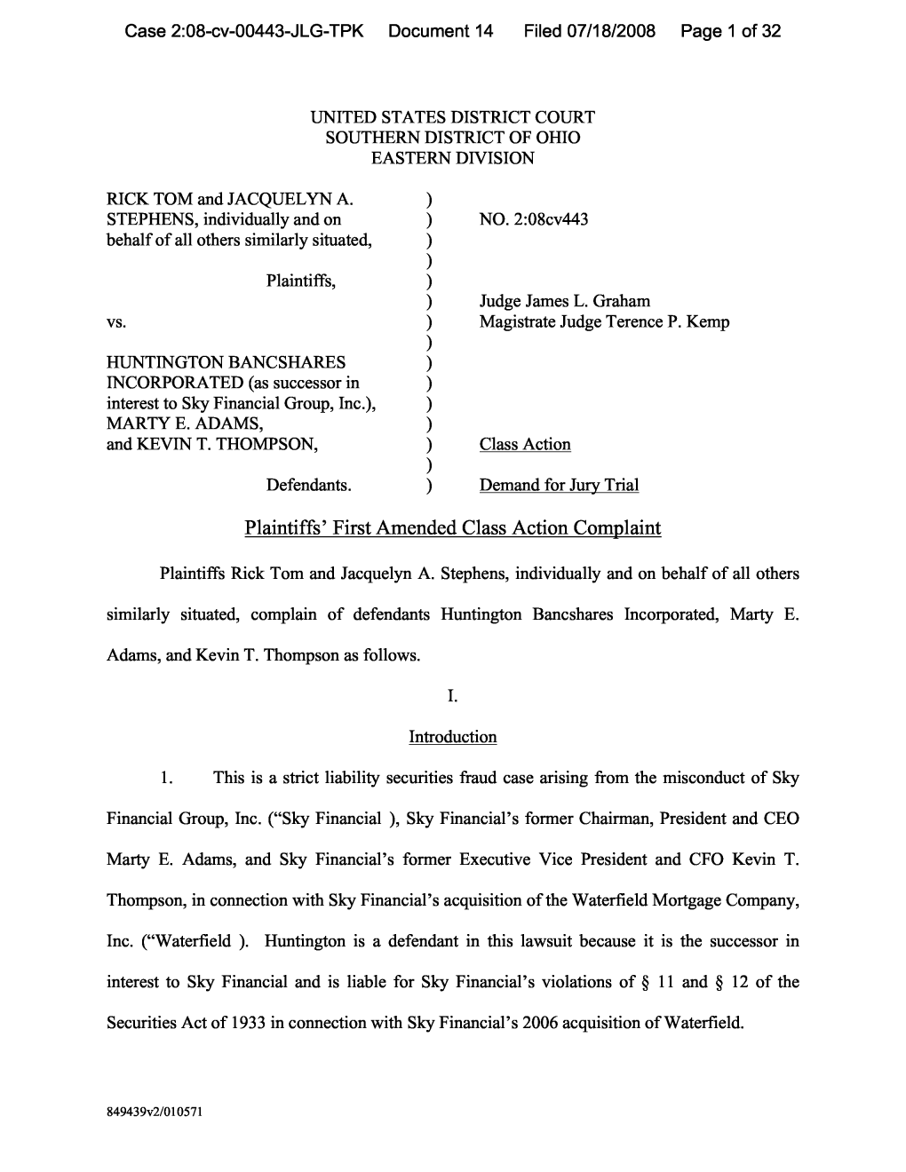 Rick Tom, Et Al. V. Huntington Bancshares, Inc., Et Al. 08-CV-443