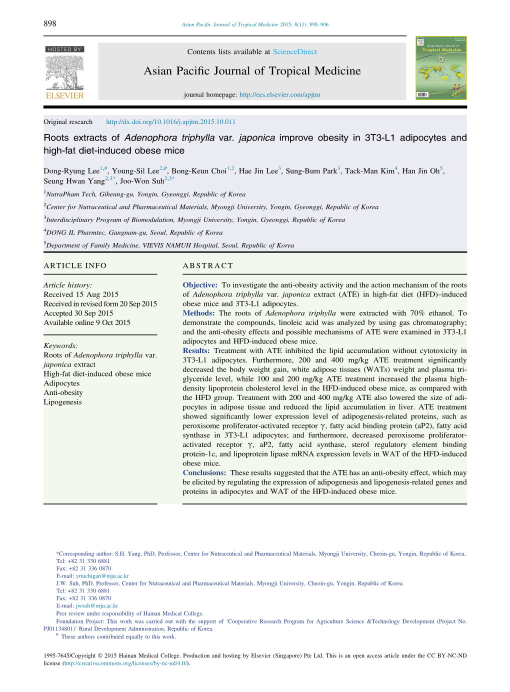 Roots Extracts of Adenophora Triphylla Var. Japonica Improve Obesity in 3T3-L1 Adipocytes and High-Fat Diet-Induced Obese Mice