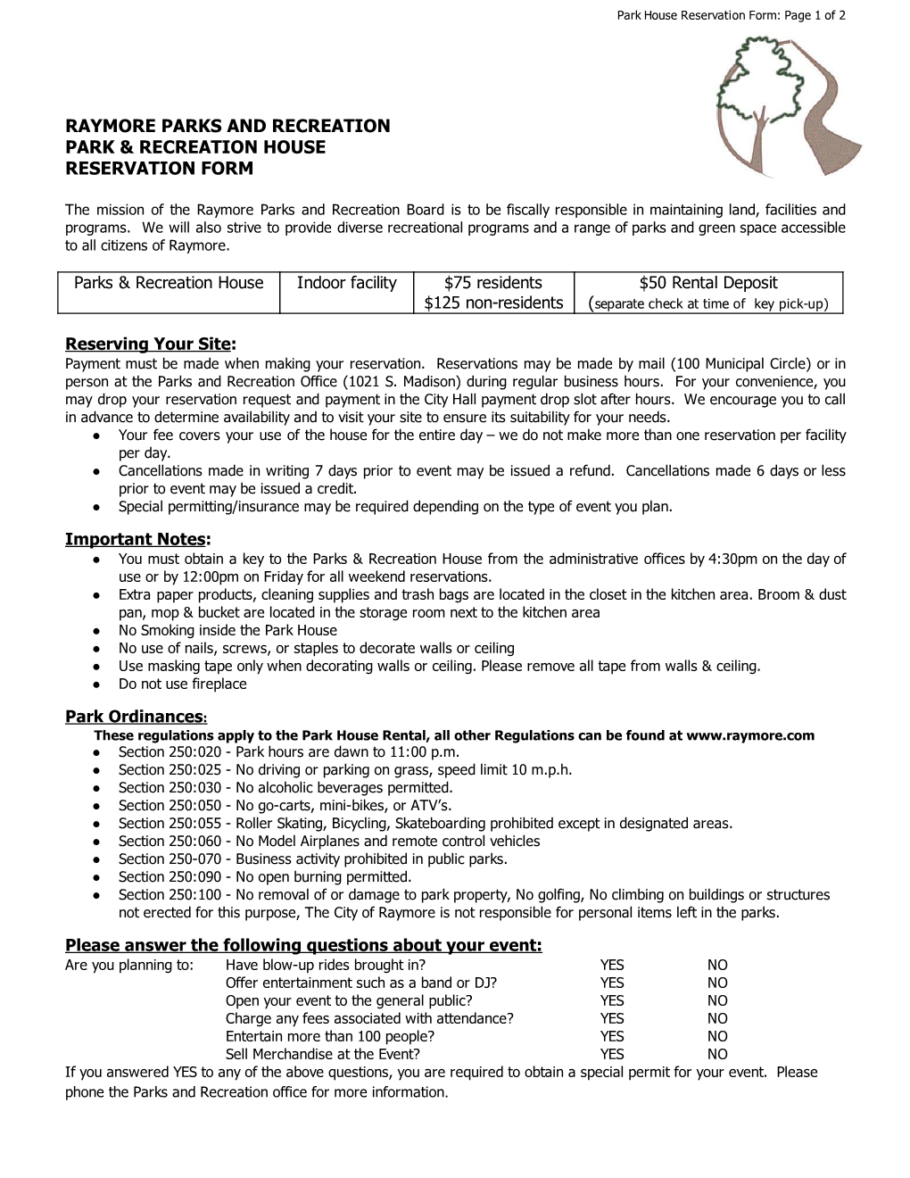 Park House Reservation Form: Page 1 of 2