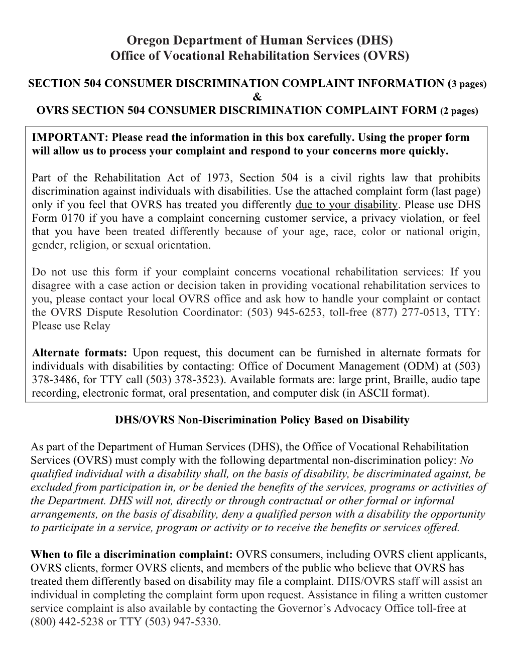 Section 504 Form - Vocational Rehabilitation - Employement - DHS