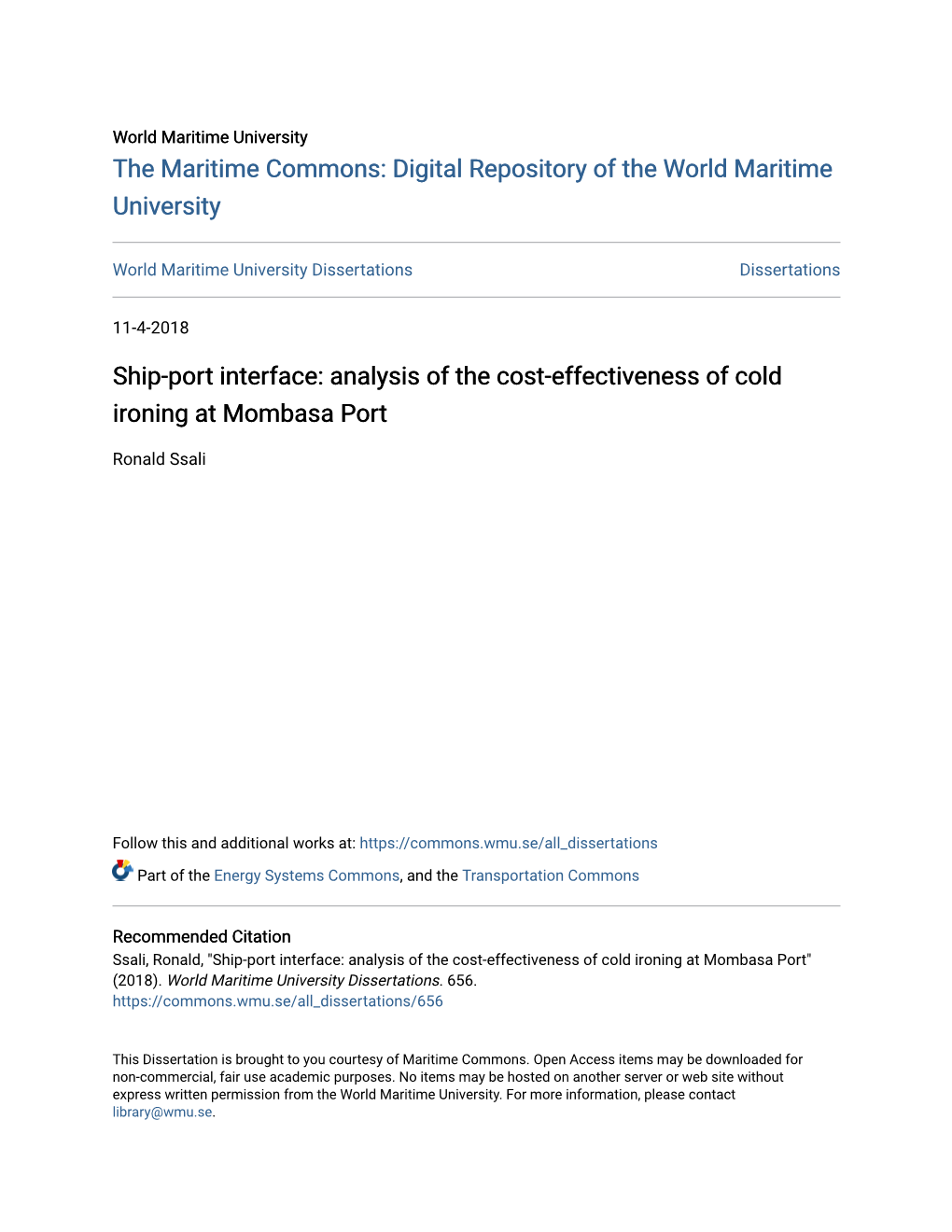 Analysis of the Cost-Effectiveness of Cold Ironing at Mombasa Port