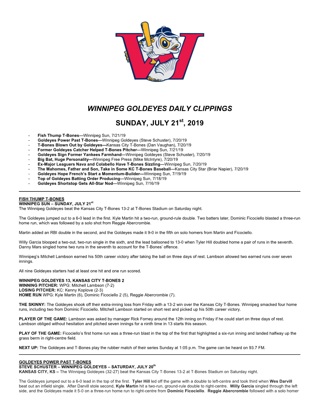 Winnipeg Goldeyes Daily Clippings Sunday, July 21 , 2019