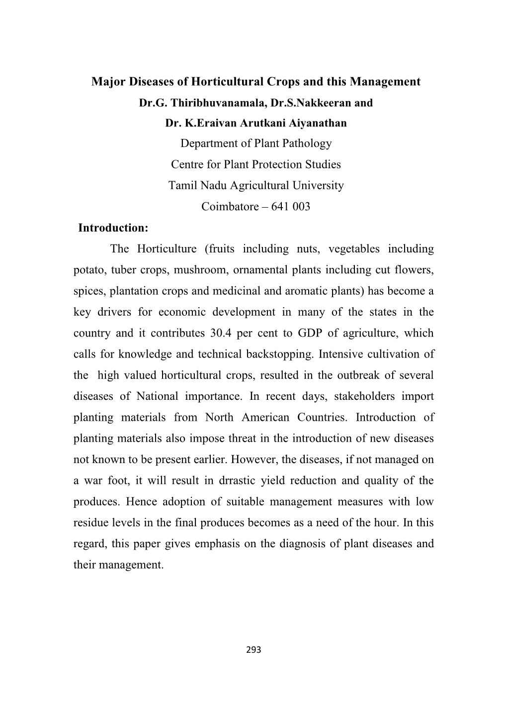 Major Diseases of Horticultural Crops and Their Management