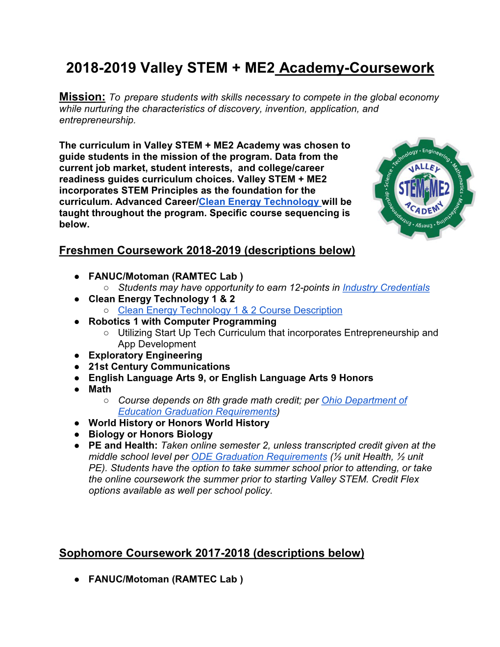 2018-2019 Valley STEM + ME2 Academy-Coursework