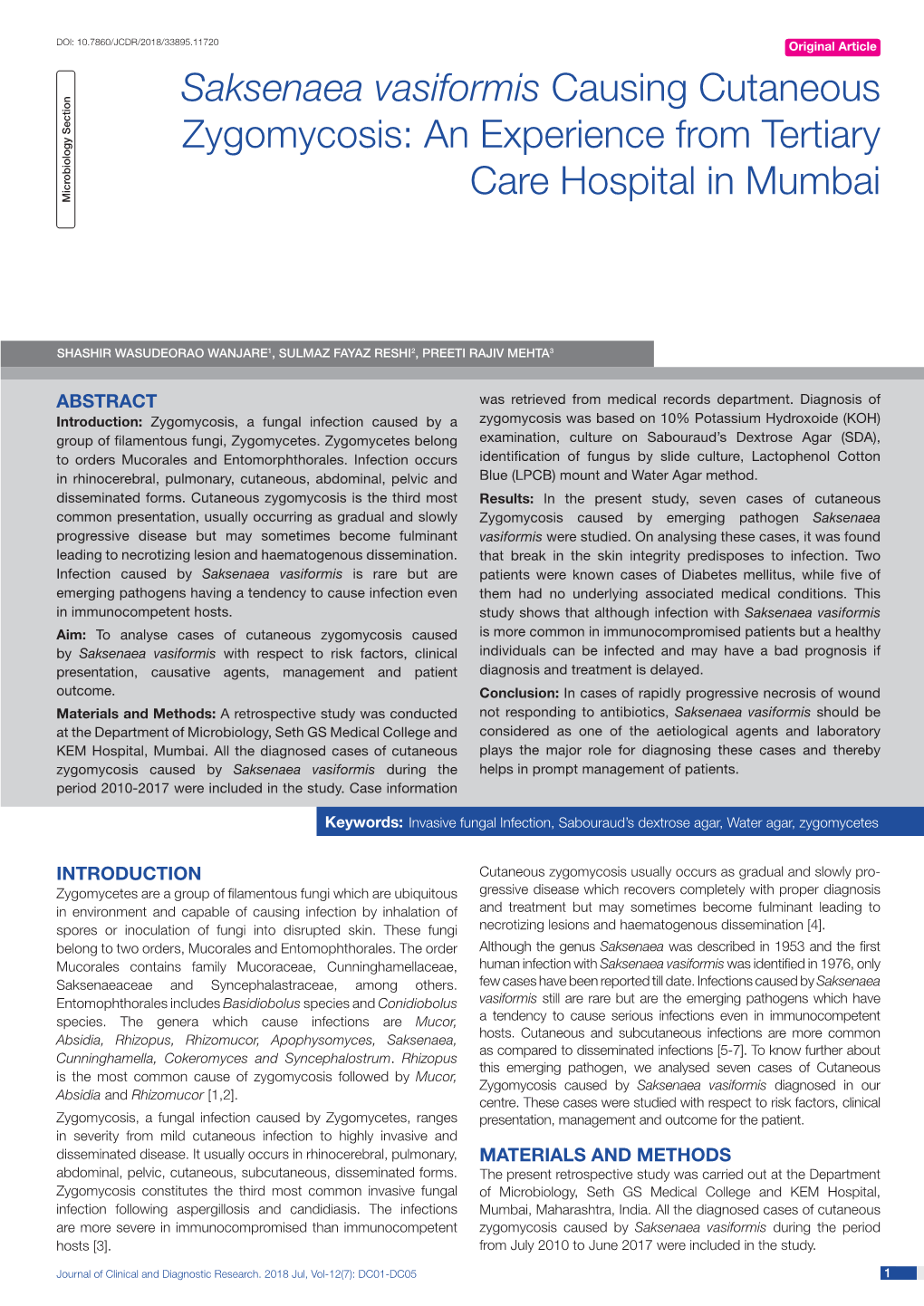 Saksenaea Vasiformis Causing Cutaneous Zygomycosis: an Experience from Tertiary Care Hospital in Mumbai Microbiology Section Microbiology