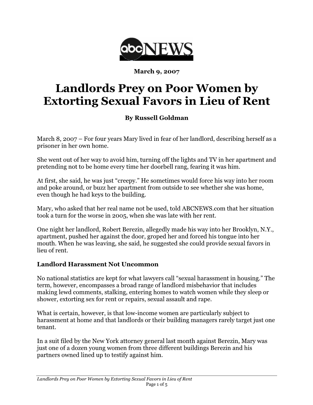 Landlords Prey on Poor Women by Extorting Sexual Favors in Lieu of Rent