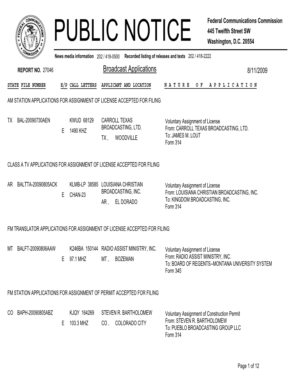 Broadcast Applications 8/11/2009