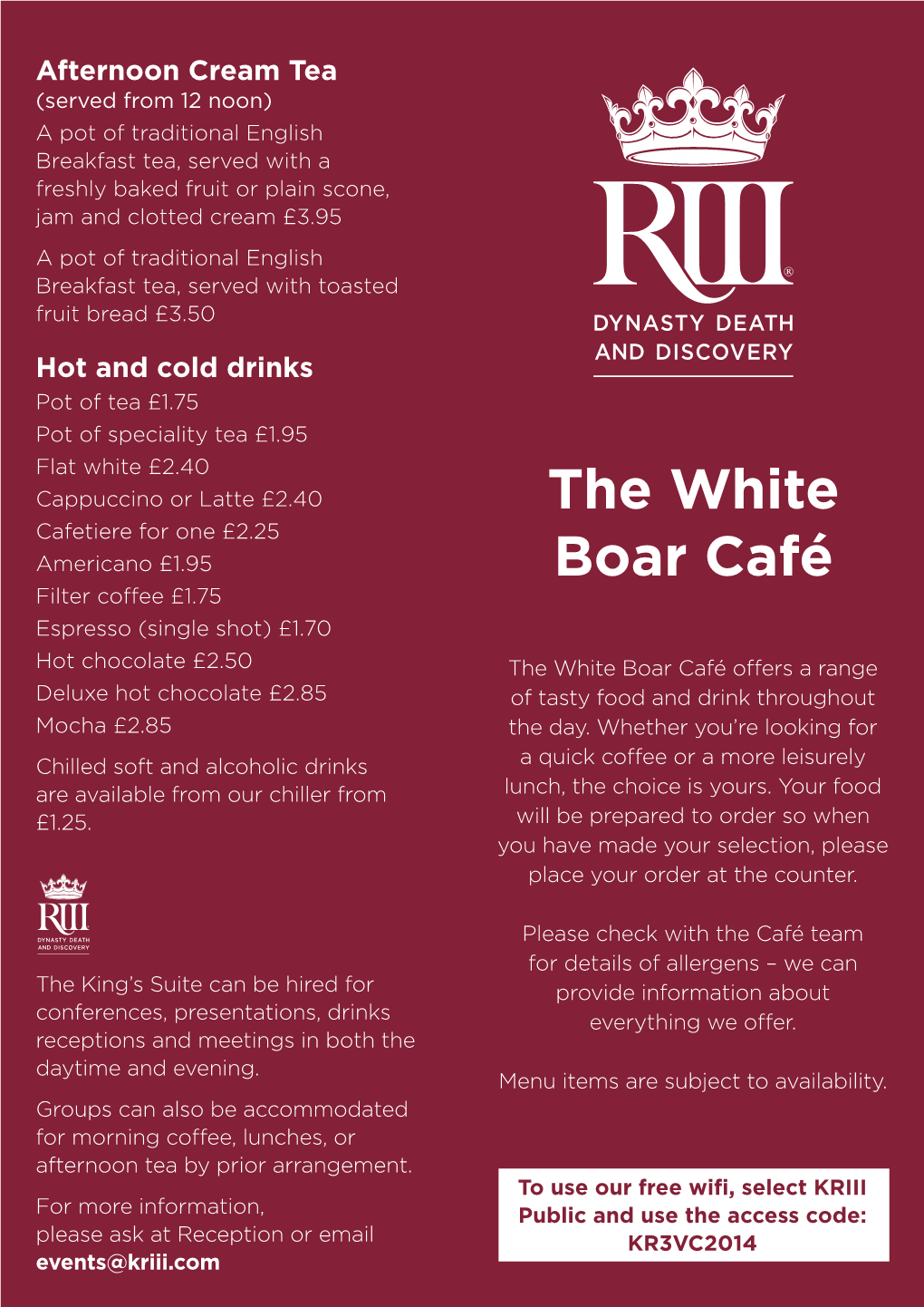 The White Boar Café Offers a Range Deluxe Hot Chocolate £2.85 of Tasty Food and Drink Throughout Mocha £2.85 the Day