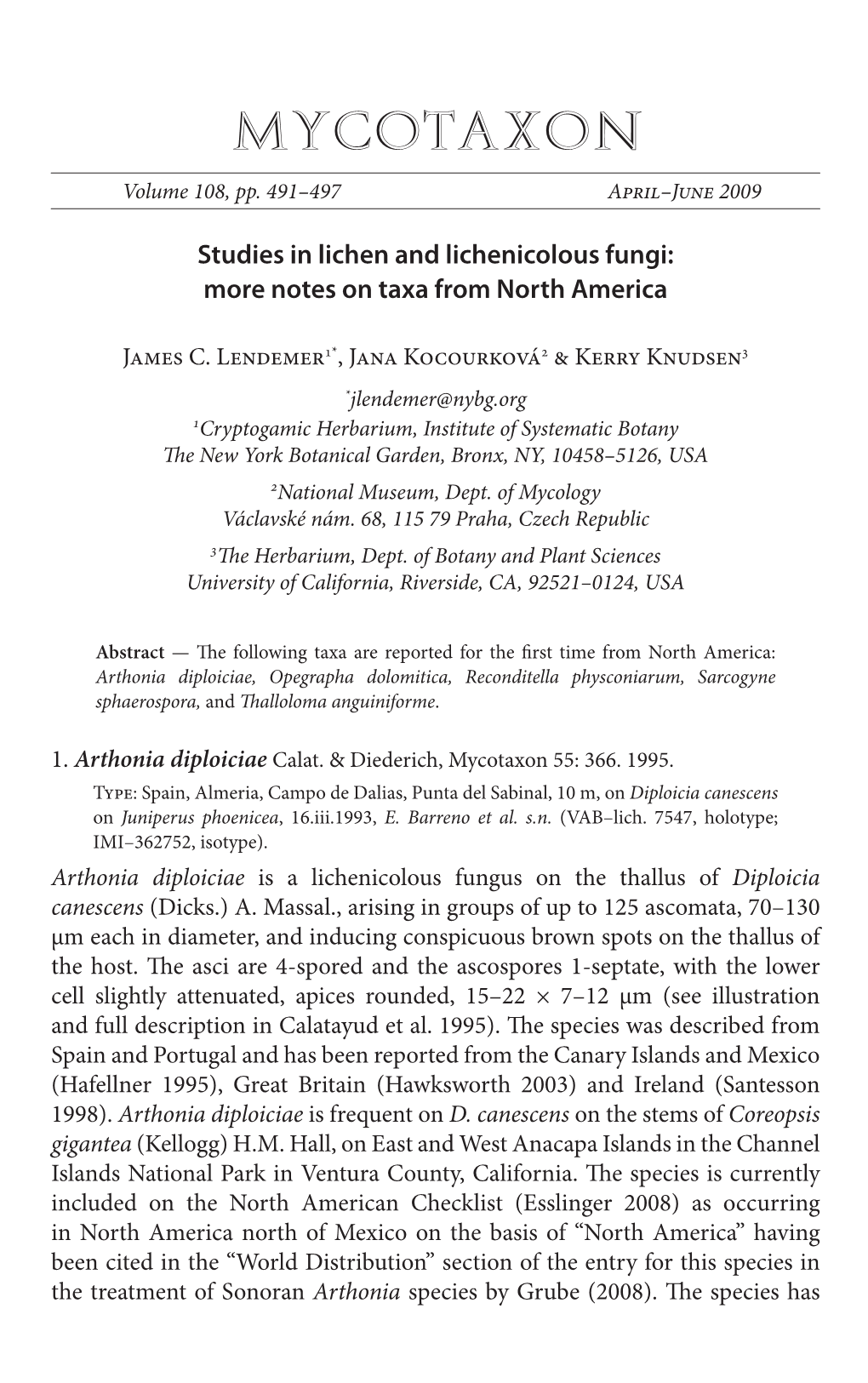 Studies in Lichen and Lichenicolous Fungi: More Notes on Taxa from North America