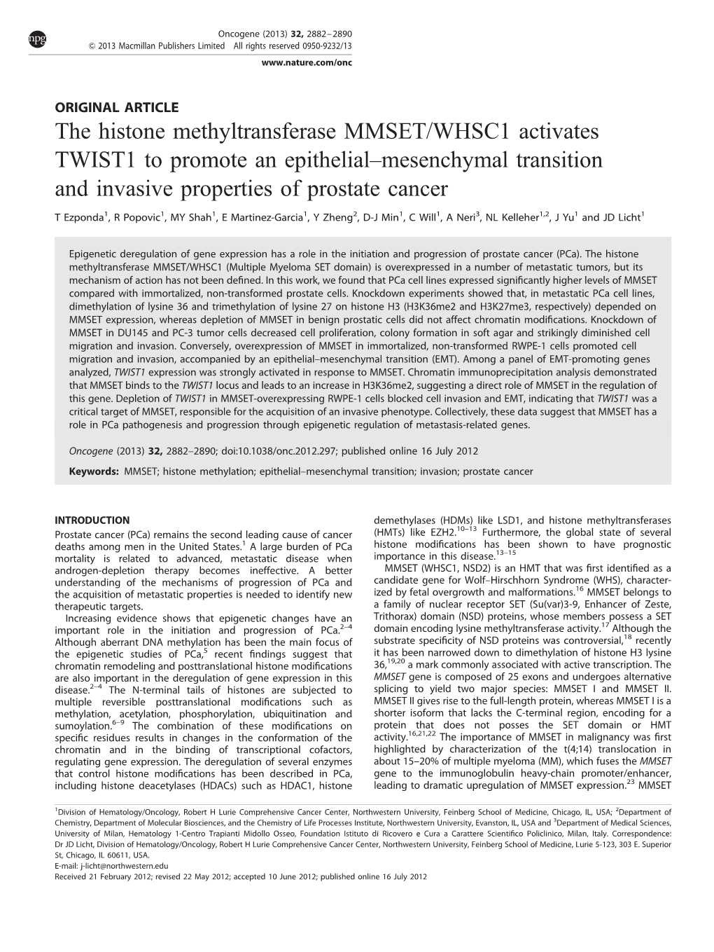 The Histone Methyltransferase MMSET/WHSC1 Activates TWIST1 to Promote an Epithelial–Mesenchymal Transition and Invasive Properties of Prostate Cancer