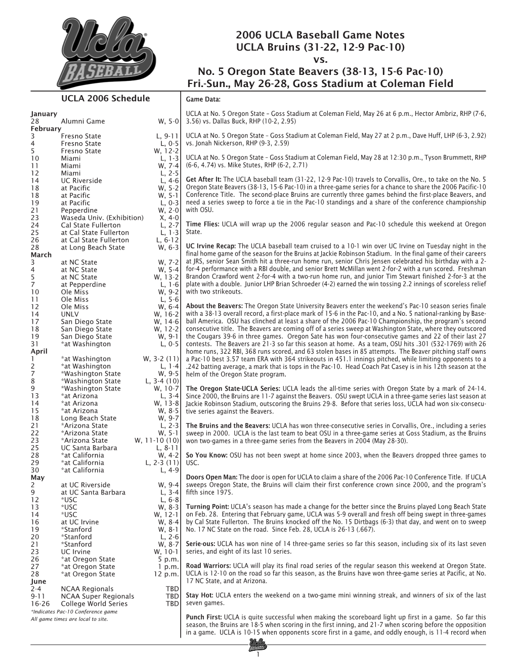 2006 UCLA Baseball Game Notes UCLA Bruins (31-22, 12-9 Pac-10) Vs