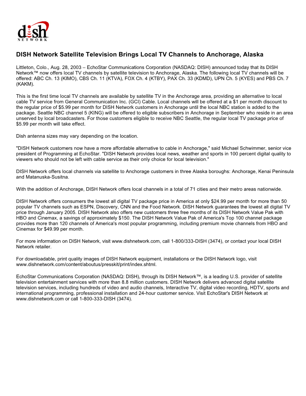 DISH Network Satellite Television Brings Local TV Channels to Anchorage, Alaska