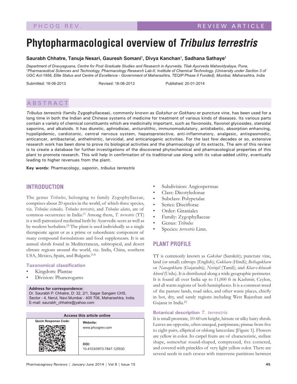 Phytopharmacological Overview of Tribulus Terrestris