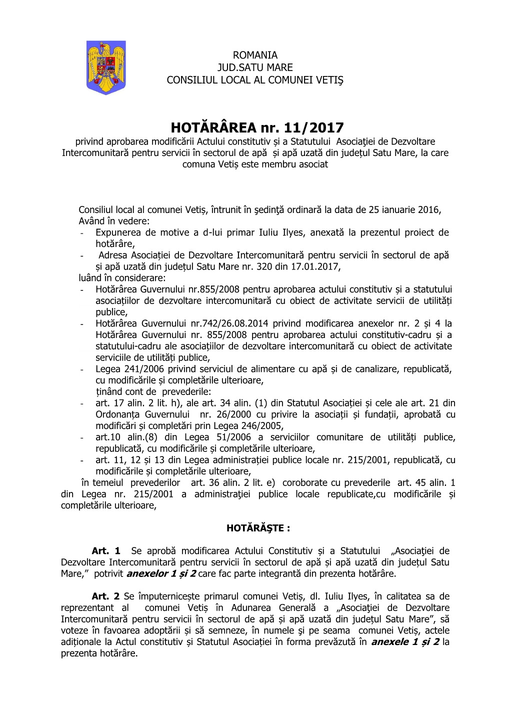 HOTĂRÂREA Nr. 11/2017