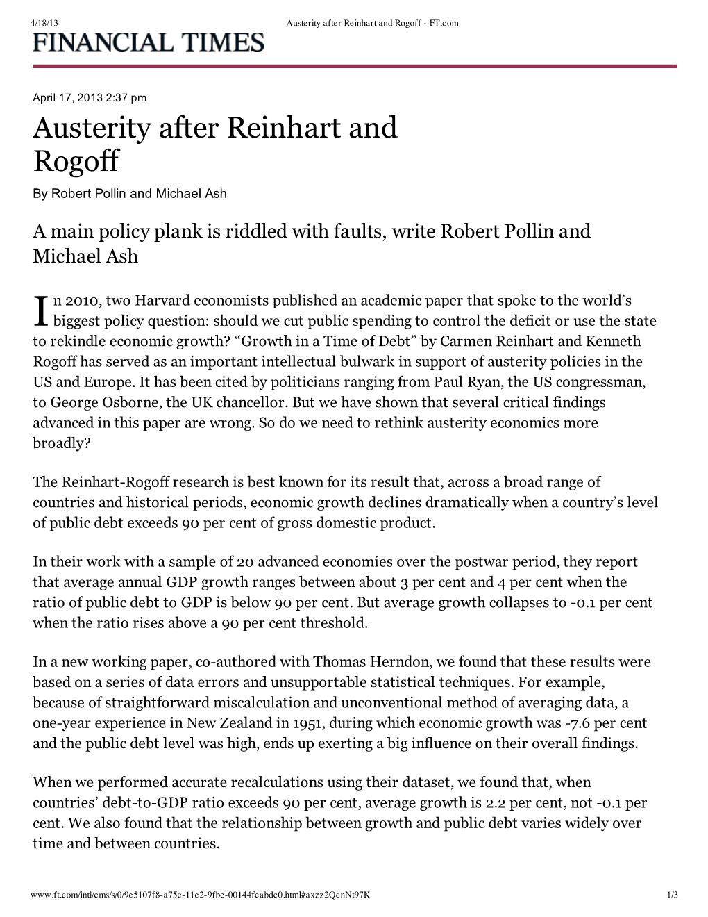 Austerity After Reinhart and Rogoff - FT.Com