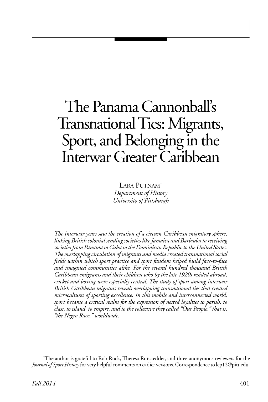 The Panama Cannonball's Transnational Ties: Migrants, Sport