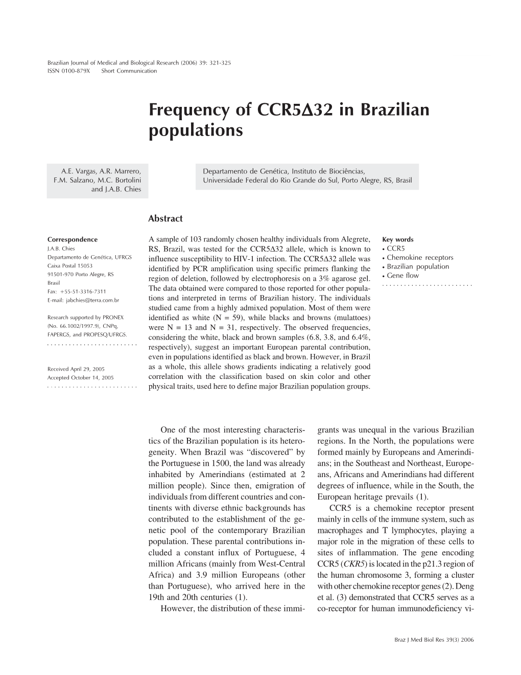 Frequency of CCR5∆32 in Brazilian Populations