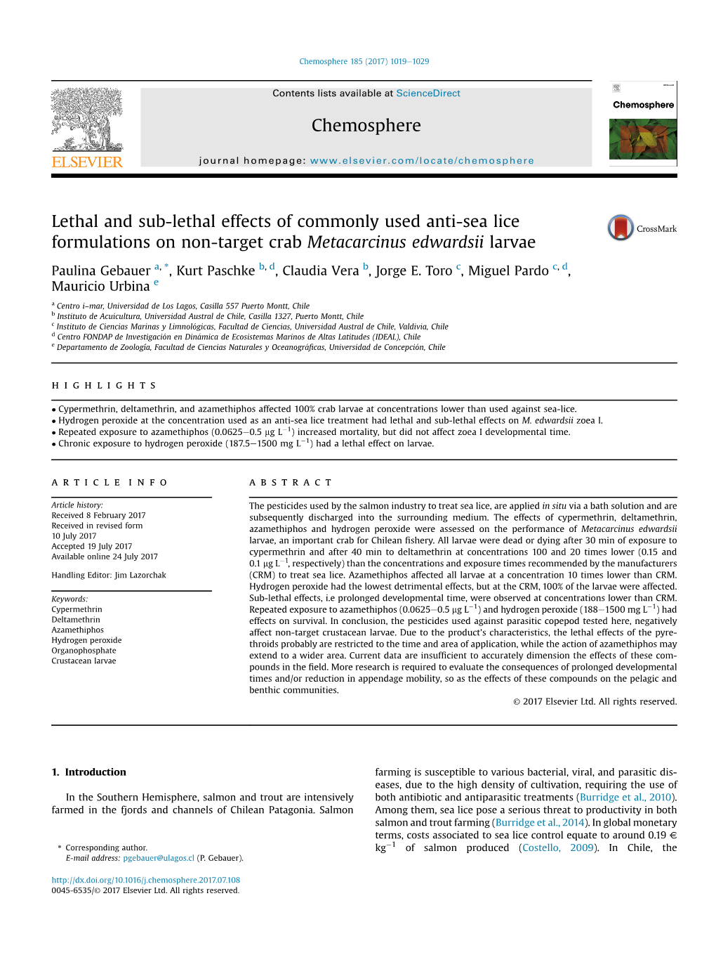 Lethal and Sub-Lethal Effects of Commonly Used Anti-Sea Lice Formulations on Non-Target Crab Metacarcinus Edwardsii Larvae