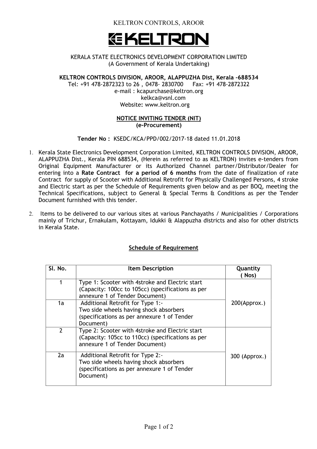 KELTRON CONTROLS, AROOR Page 1 of 2