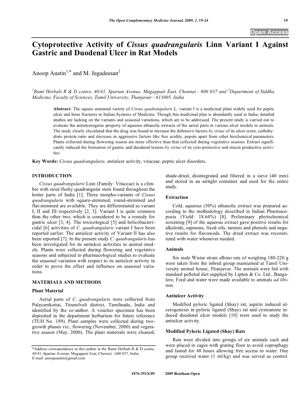 Cytoprotective Activity of Cissus Quadrangularis Linn Variant I Against Gastric and Duodenal Ulcer in Rat Models