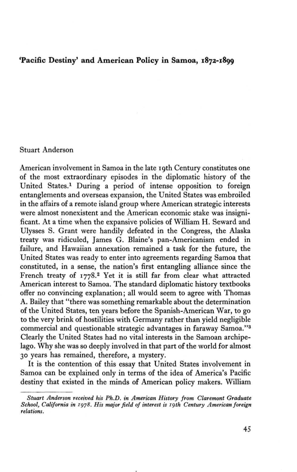 'Pacific Destiny' and American Policy in Samoa, 1872-1899