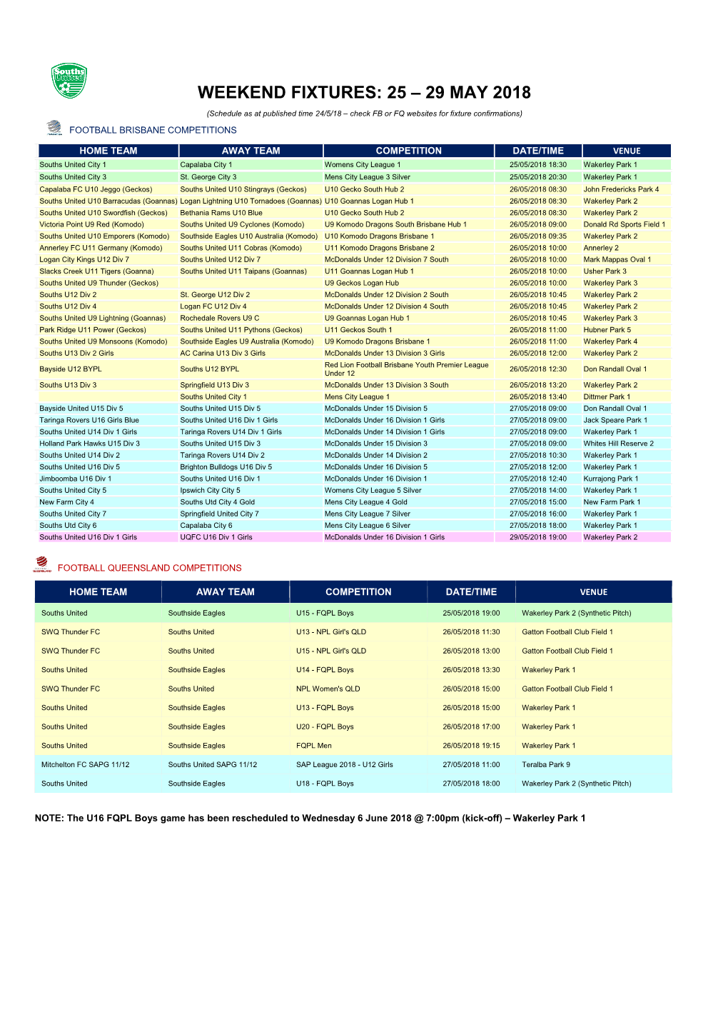 Weekend Fixtures: 25 – 29 May 2018