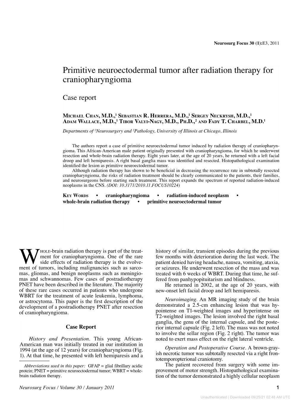 Primitive Neuroectodermal Tumor After Radiation Therapy for Craniopharyngioma