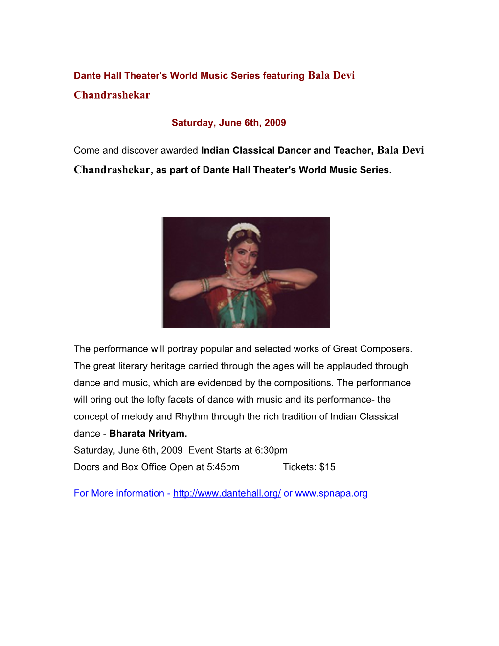 Dante Hall Theater's World Music Series Featuring Bala Devi Chandrashekar