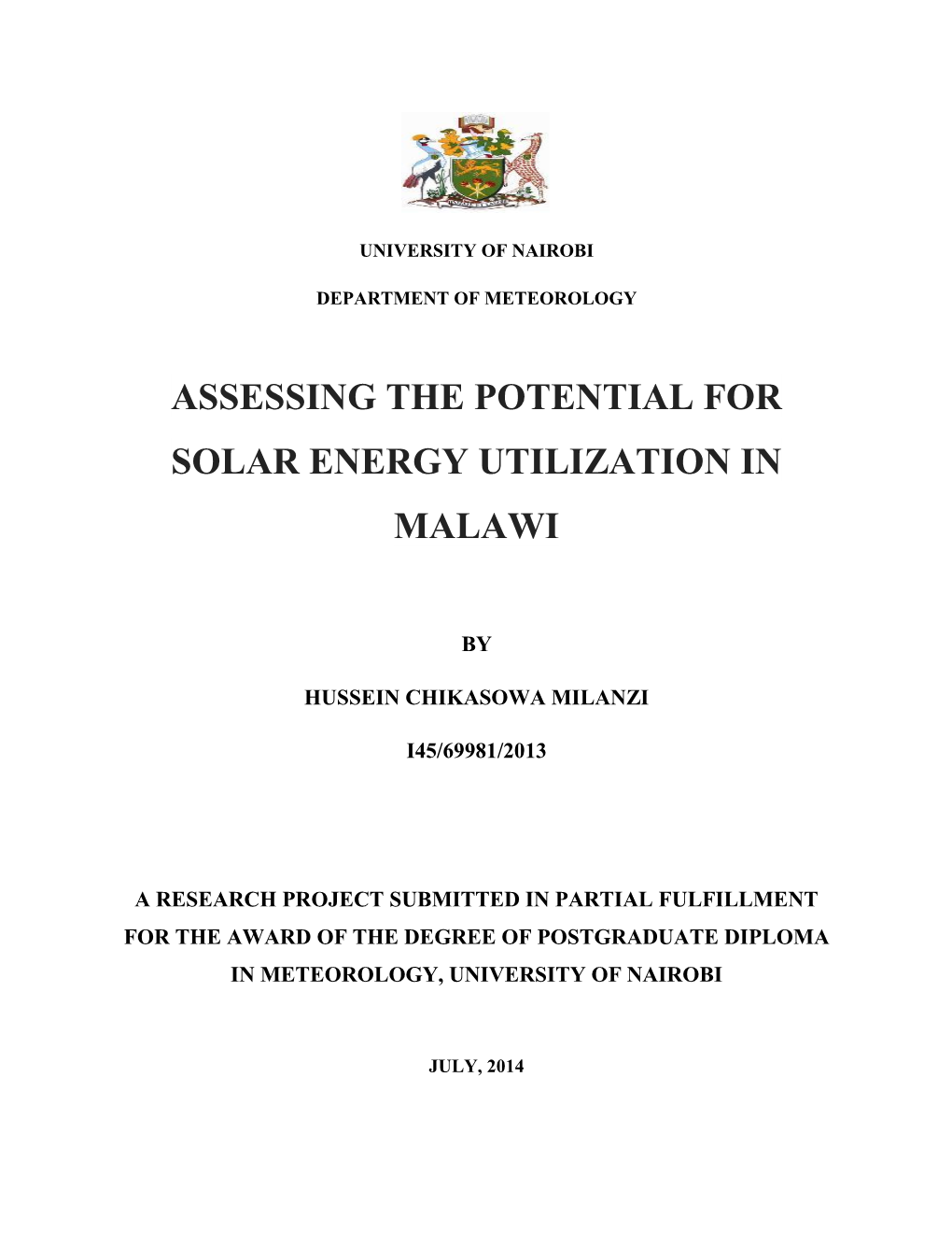 Assessing the Potential for Solar Energy Utilization in Malawi