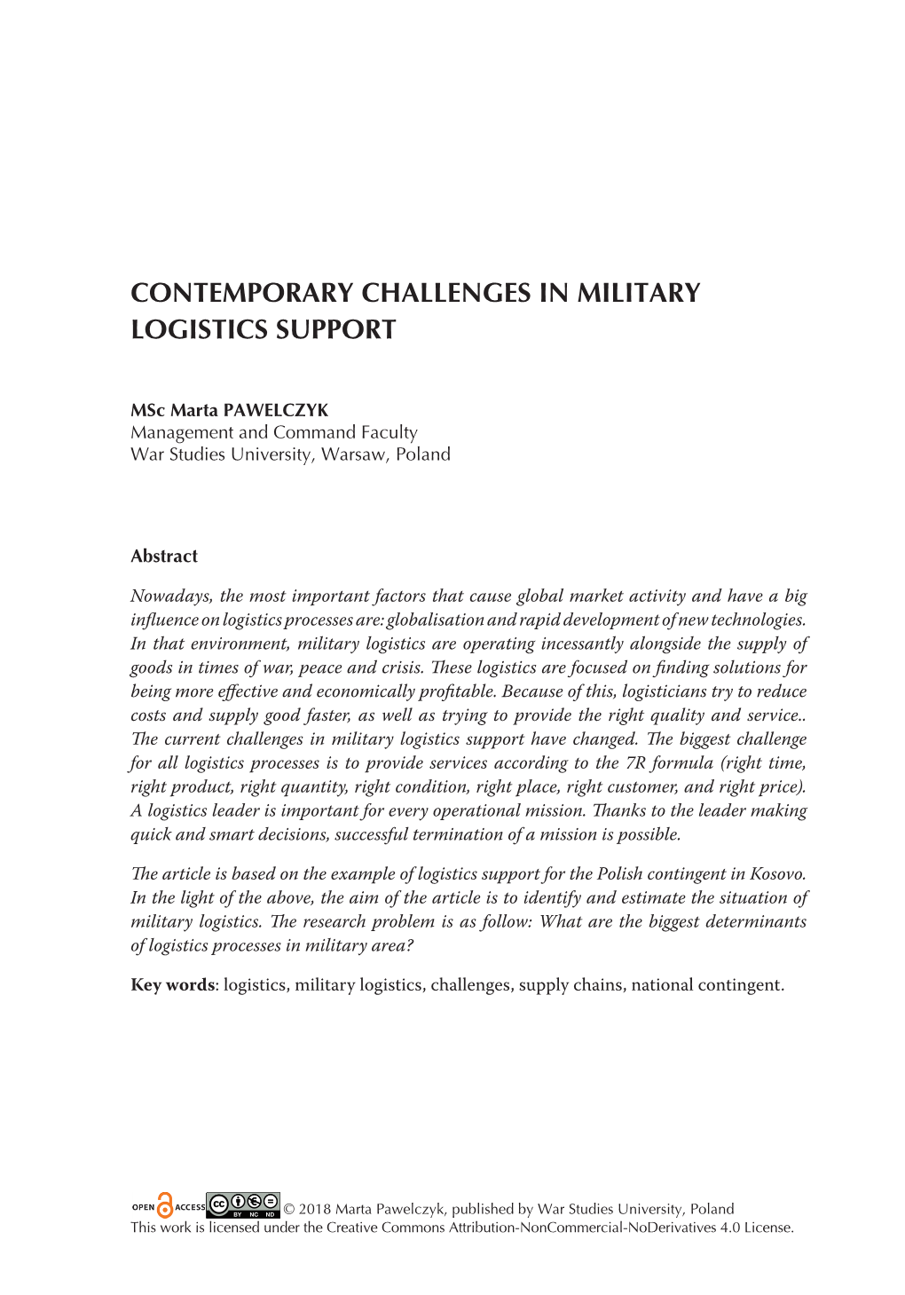 Contemporary Challenges in Military Logistics Support