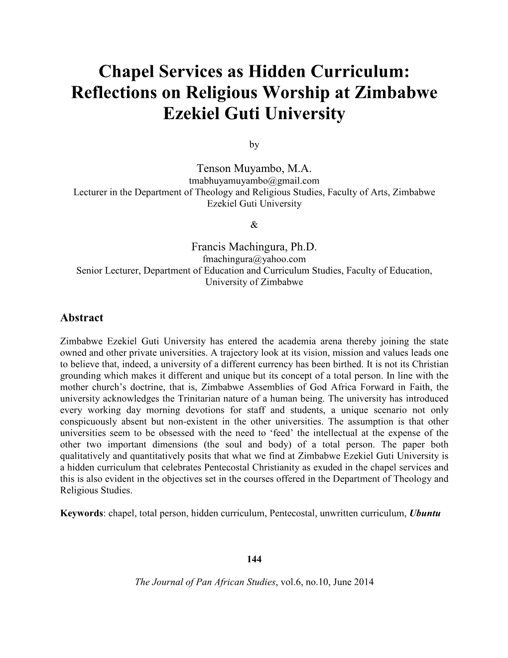 Reflections on Religious Worship at Zimbabwe Ezekiel Guti University