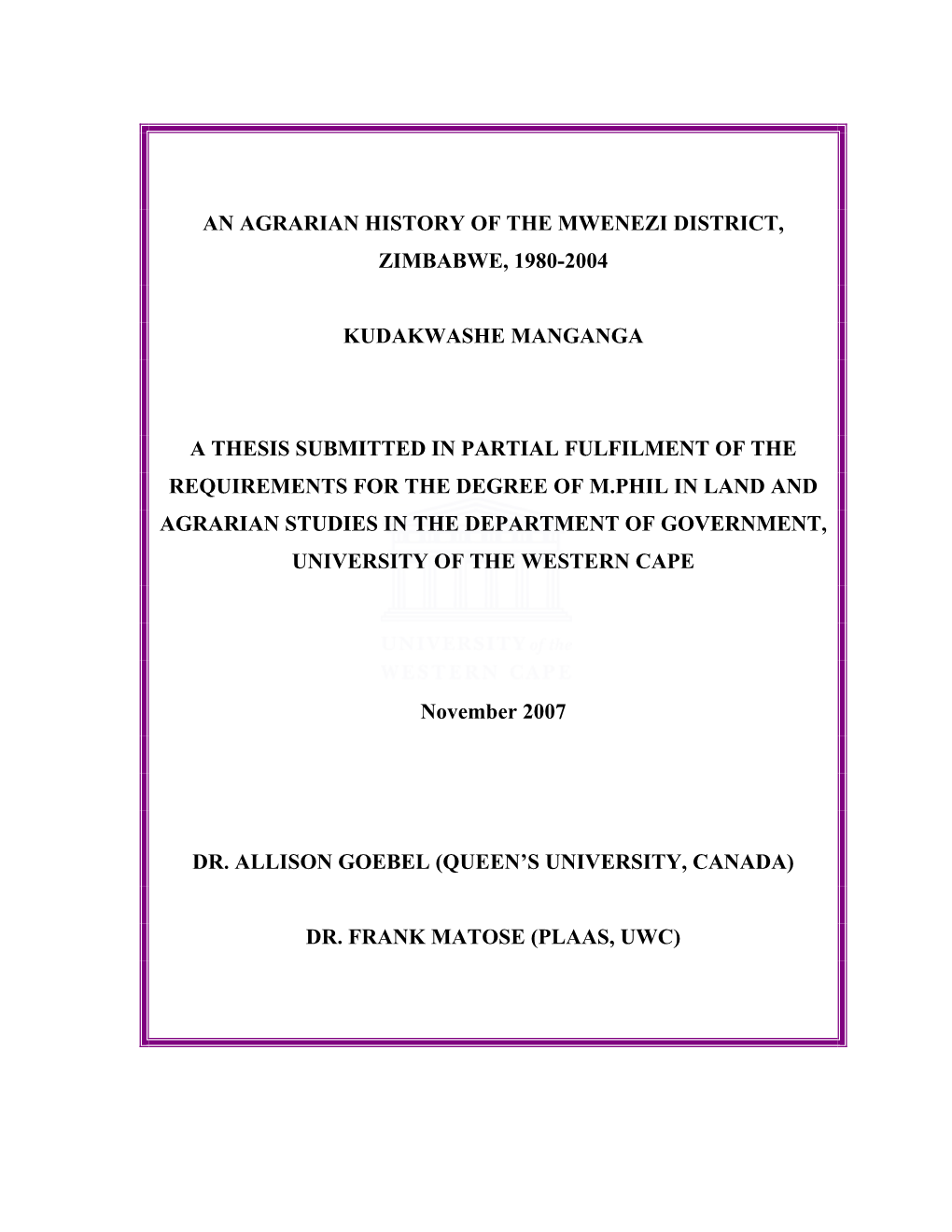 An Agrarian History of the Mwenezi District, Zimbabwe, 1980-2004