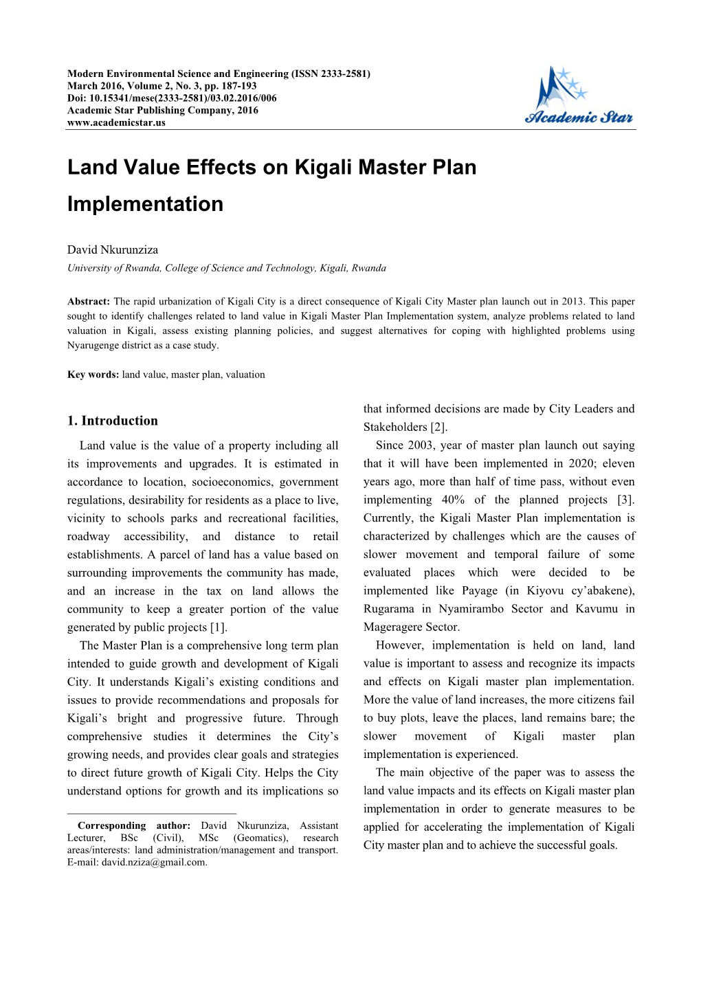 Land Value Effects on Kigali Master Plan Implementation