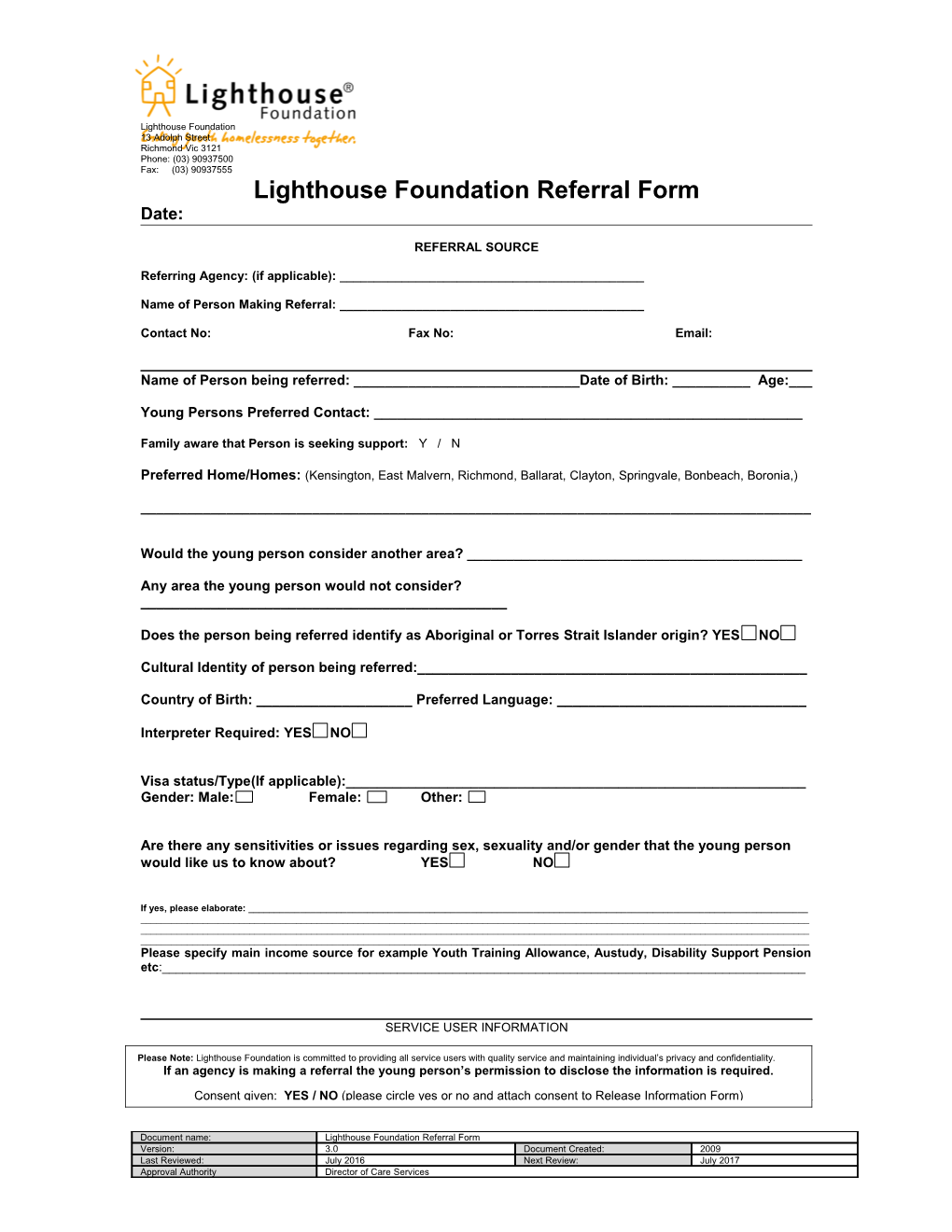 Lighthouse Foundation Service Assessment Form