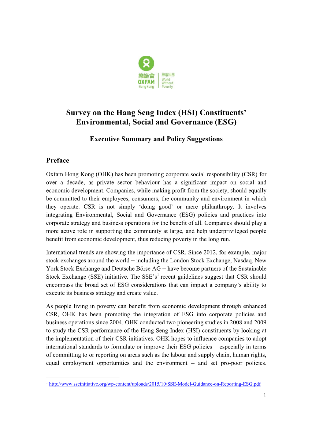 Survey on the Hang Seng Index (HSI) Constituents’ Environmental, Social and Governance (ESG)