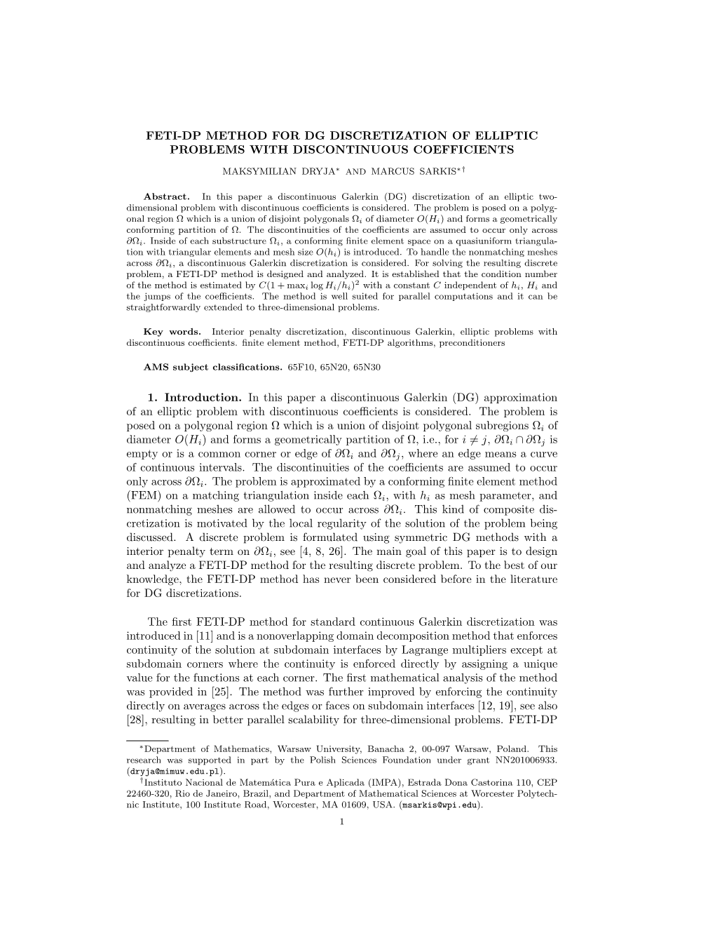 Feti-Dp Method for Dg Discretization of Elliptic Problems with Discontinuous Coefficients