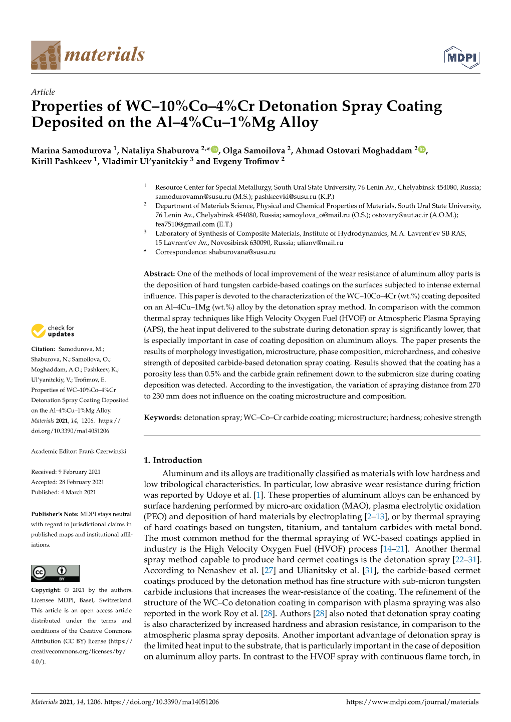 Properties of WC–10%Co–4%Cr Detonation Spray Coating Deposited on the Al–4%Cu–1%Mg Alloy