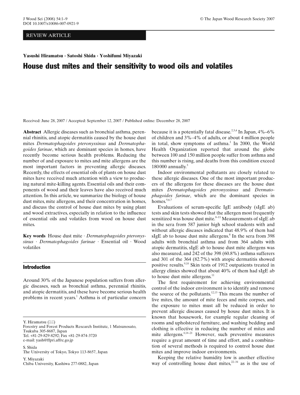 House Dust Mites and Their Sensitivity to Wood Oils and Volatiles