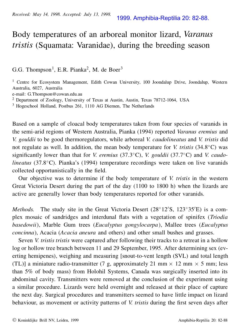 Body Temperatures of an Arboreal Monitor Lizard, Varanus Tristis (Squamata: Varanidae), During the Breeding Season