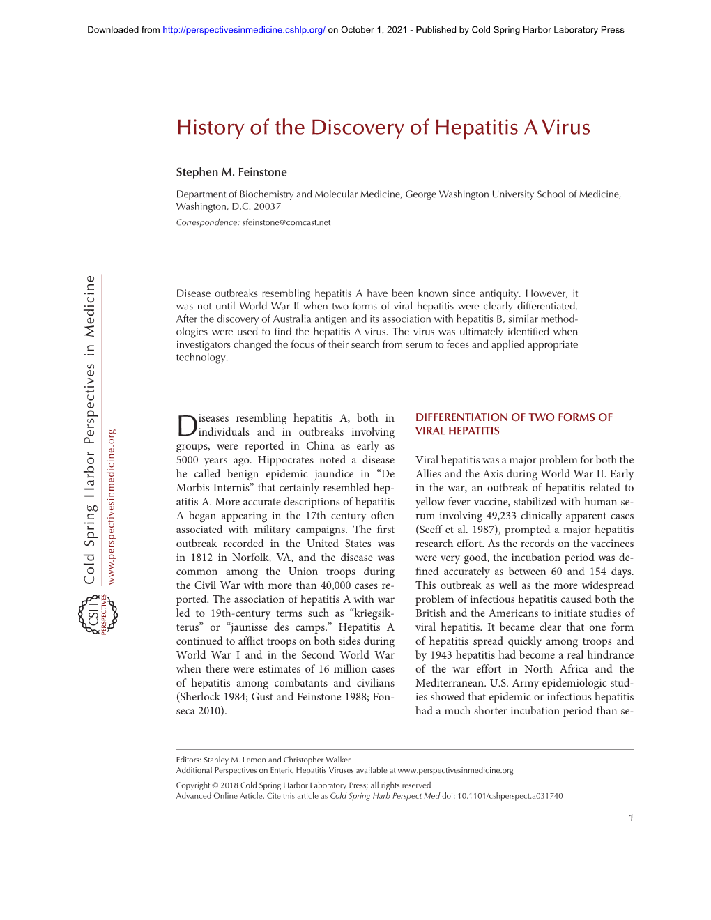 History of the Discovery of Hepatitis a Virus