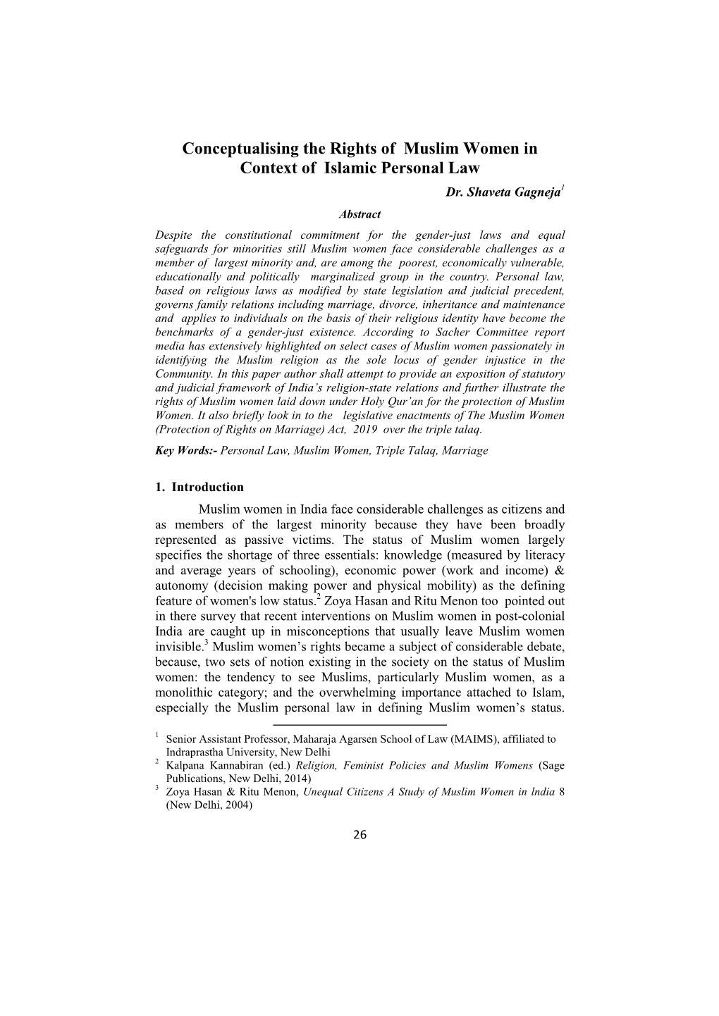 Conceptualising the Rights of Muslim Women in Context of Islamic Personal Law Dr