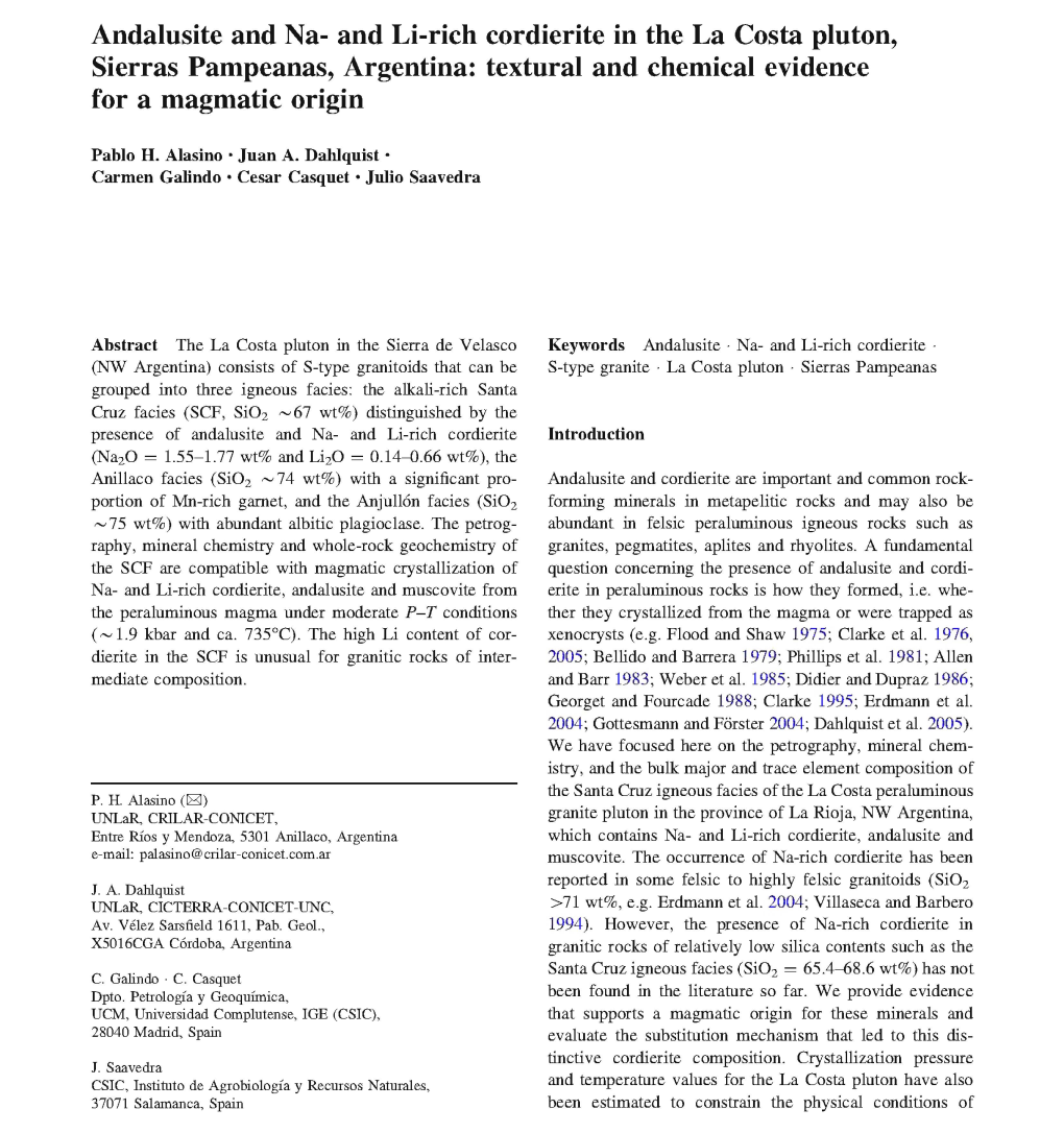 Andalusite and Na- and Li-Rich Cordierite in the La Costa Pluton, Sierras Pampeanas, Argentina: Textural and Chemical Evidence for a Magmatic Origin