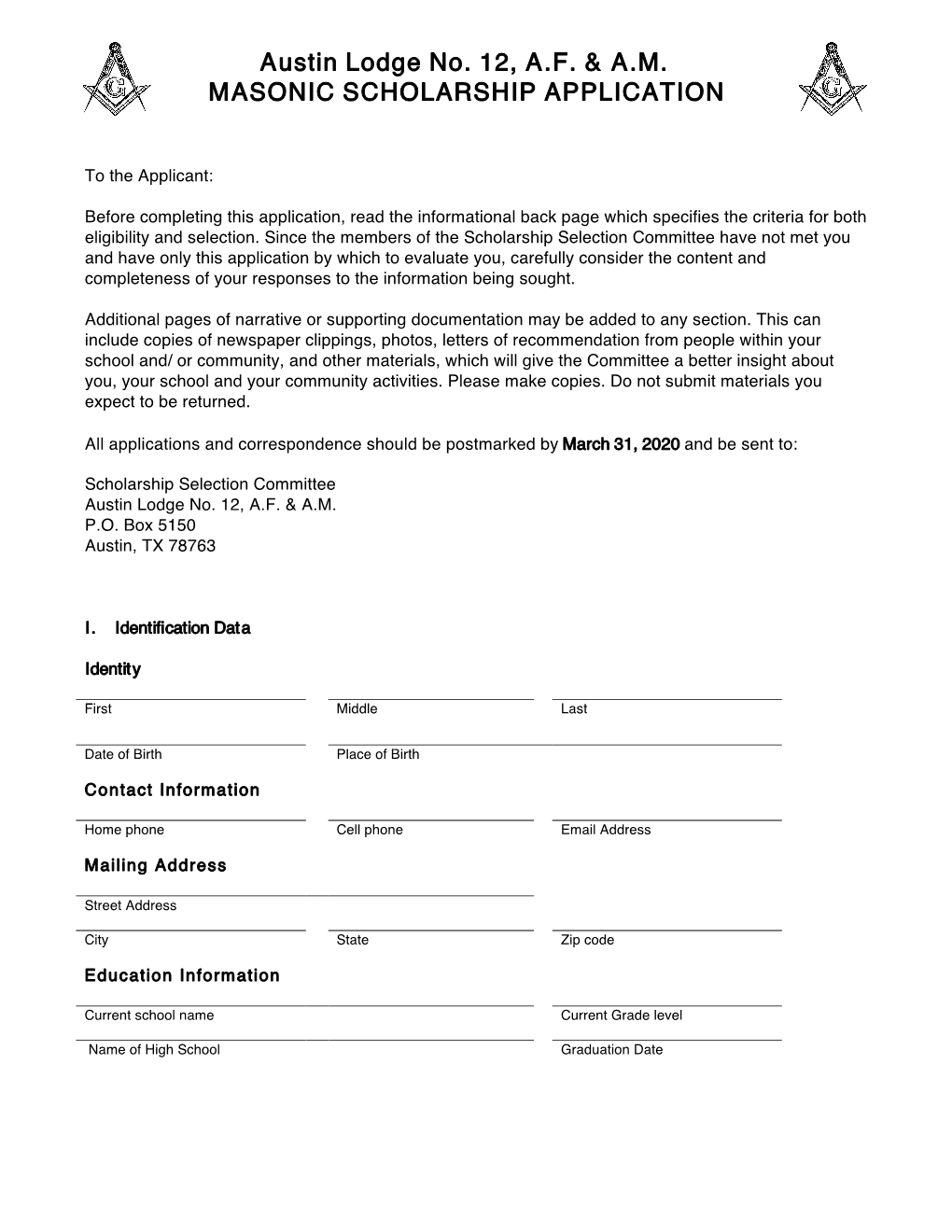 Masonic Scholarship Application