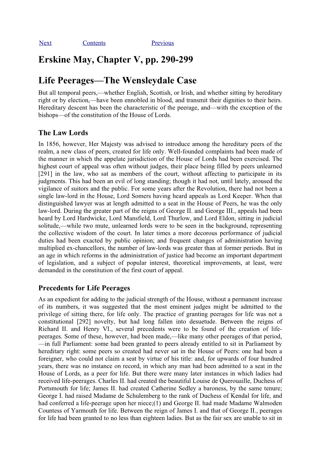 Erskine May, Chapter V, Pp. 290-299 Life Peerages—The Wensleydale