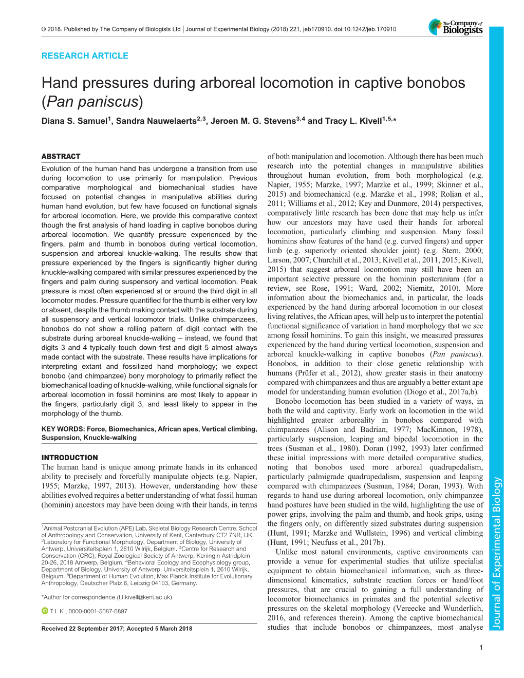 Hand Pressures During Arboreal Locomotion in Captive Bonobos (Pan Paniscus) Diana S