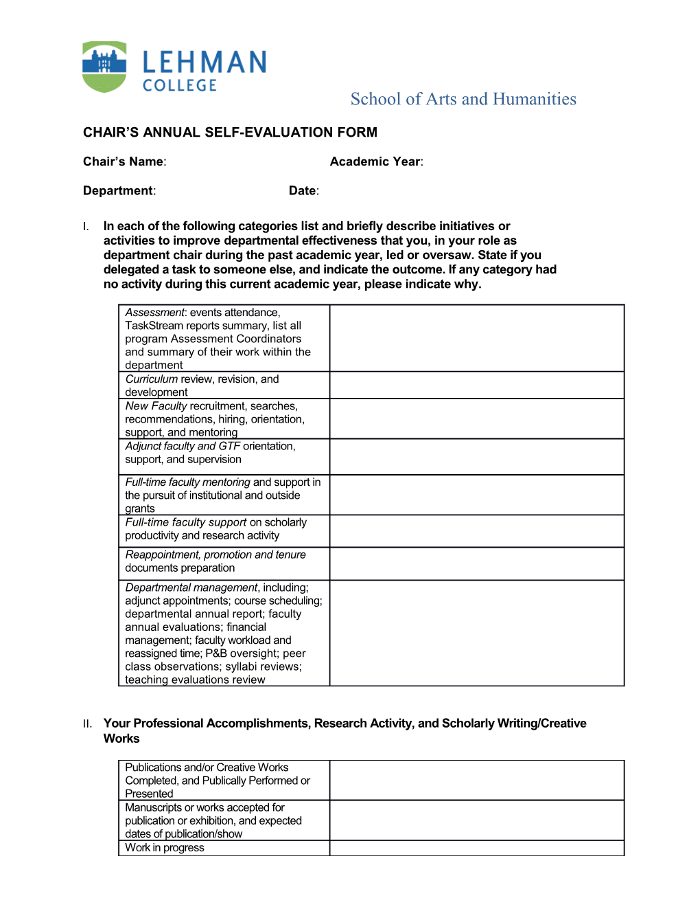 Chair S Annual Self-Evaluation Form