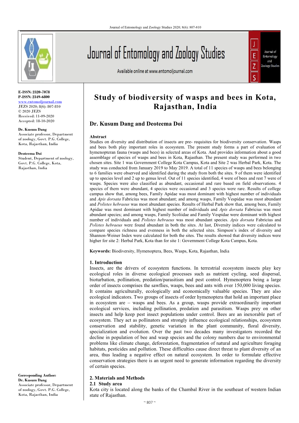 Study of Biodiversity of Wasps and Bees in Kota, Rajasthan, India