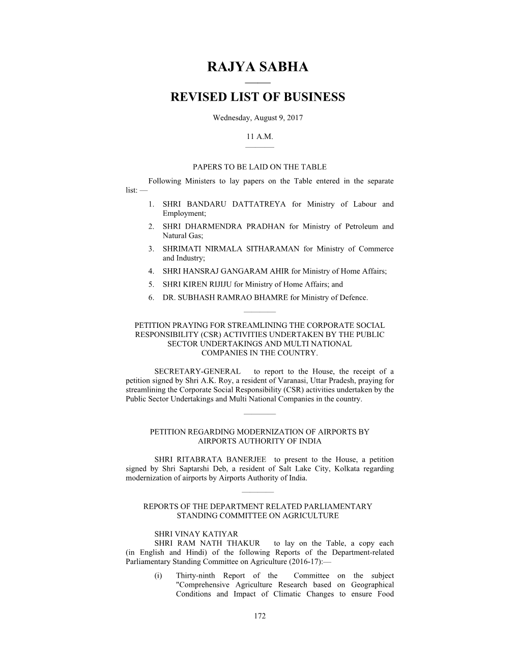 Rajya Sabha —— Revised List of Business