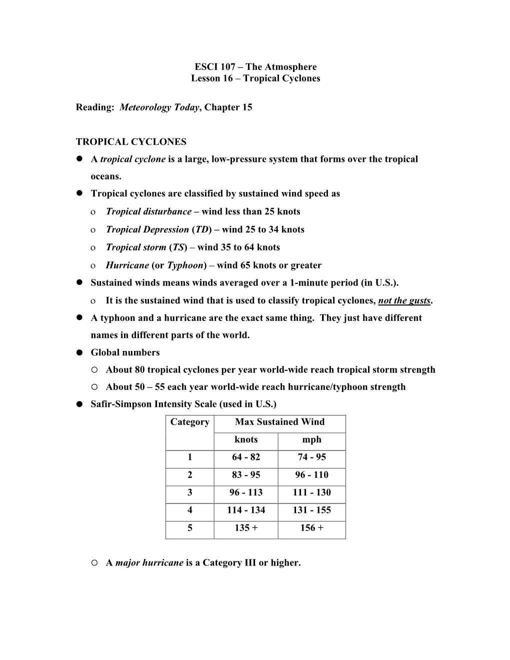 ESCI 107 – the Atmosphere Lesson 16 – Tropical Cyclones Reading