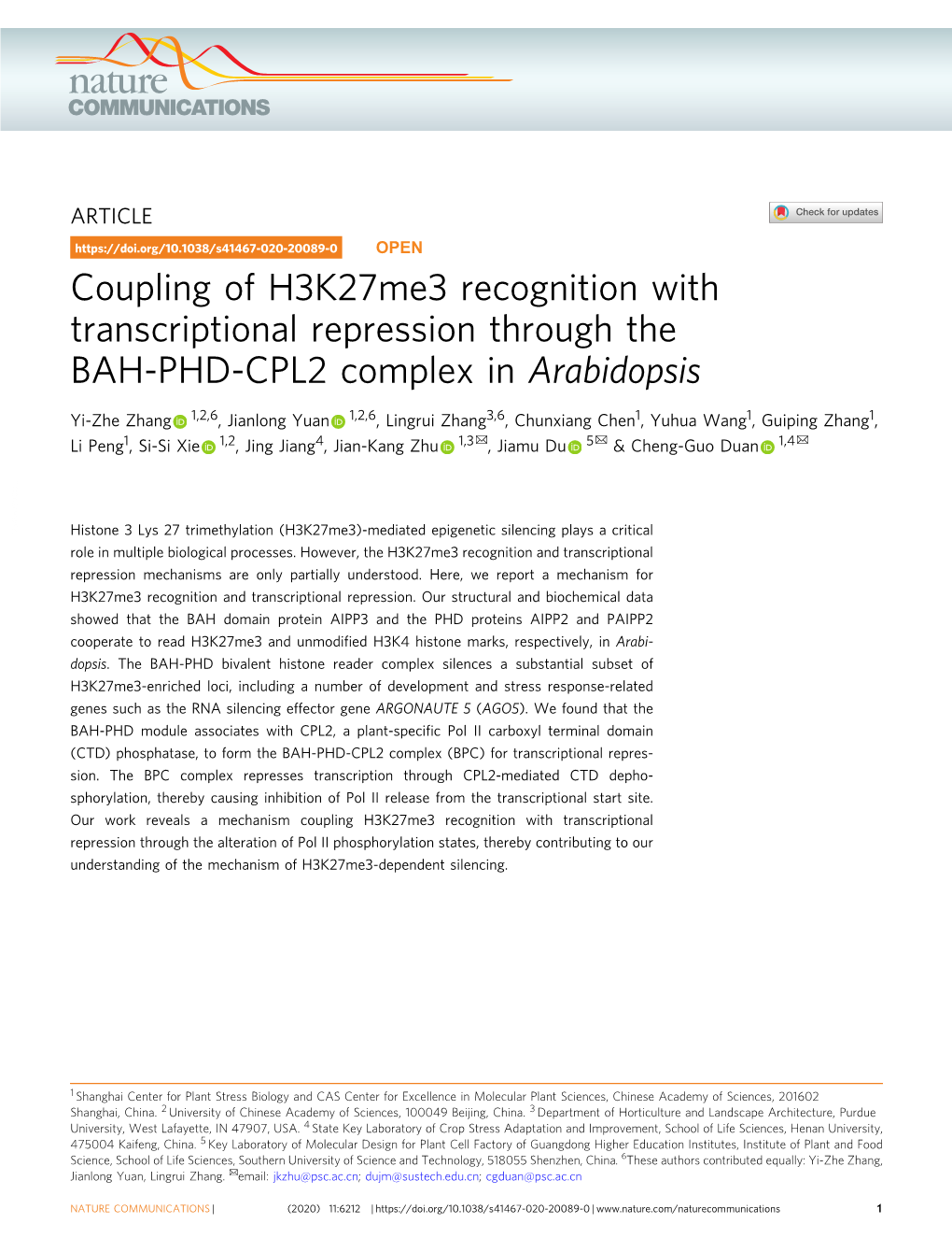 Coupling of H3k27me3 Recognition with Transcriptional Repression Through the BAH-PHD-CPL2 Complex in Arabidopsis